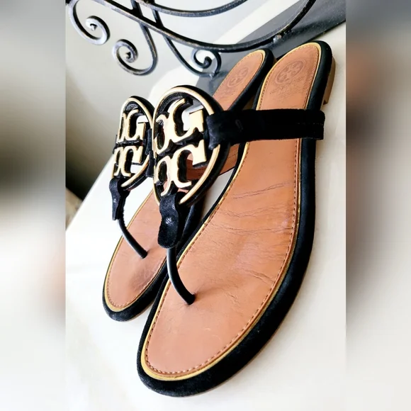 Tory Burch Miller Leather Thong Sandals Metal/Gold Logo Black/Tan US 8 - Picture 9 of 16